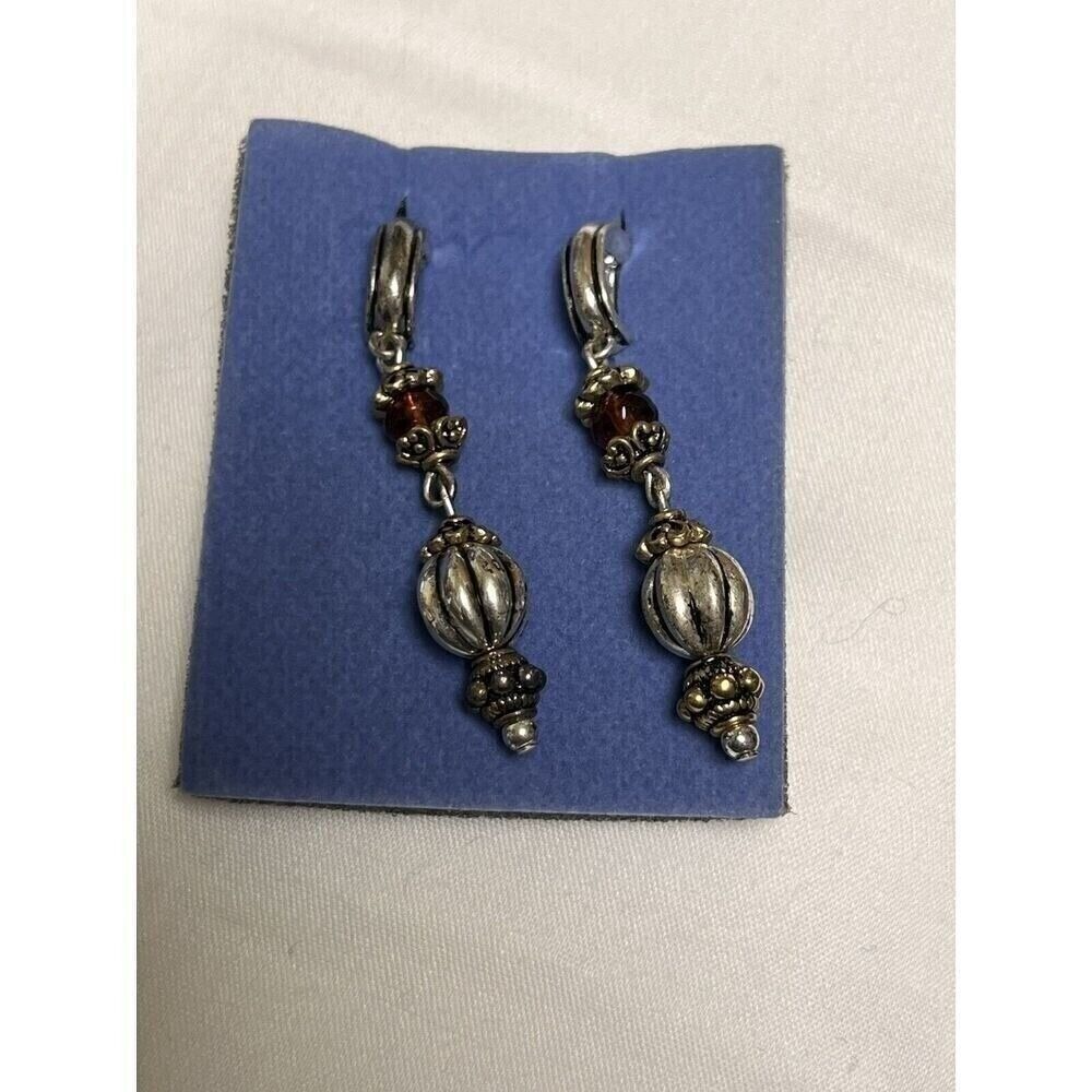 Avon Silver Tone Red Bead Ornate Filigree Dangle Clip On Earrings 2.5"